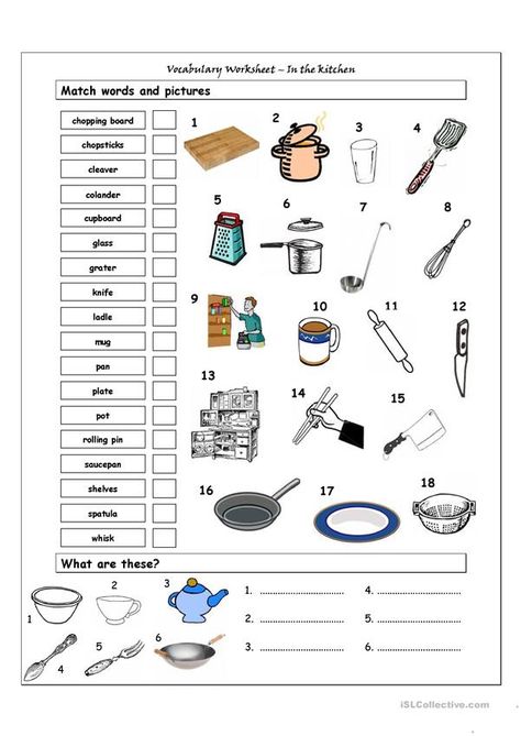 Vocabulary Matching Worksheet - In the kitchen - English ESL Worksheets Kitchen Utensils Worksheet, Culinary Lessons, Life Skills Class, Life Skills Lessons, Life Skills Classroom, Teaching Life Skills, Matching Worksheets, Kitchen Safety, Family And Consumer Science