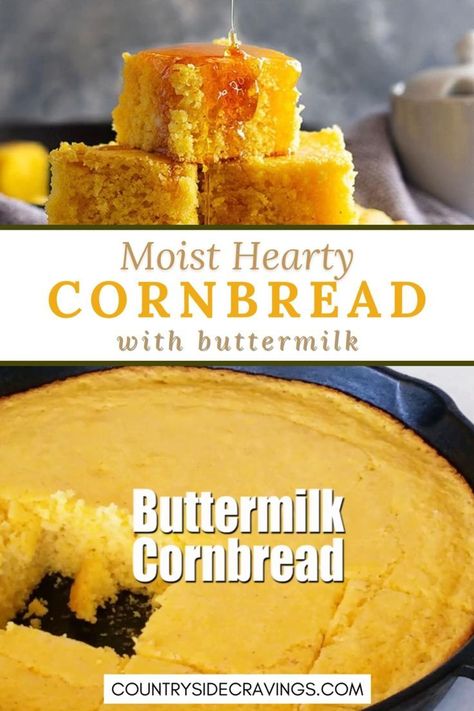 This Moist Hearty Cornbread with Buttermilk is a comforting classic! Rich with a golden crust and fluffy interior, it’s the perfect balance of savory and slightly sweet flavors. Made with buttermilk for extra tenderness, this cornbread pairs wonderfully with soups, stews, or as a standalone snack. A must-have for family dinners or holiday tables! Grandmas Buttermilk Cornbread Recipe, Moist Buttermilk Cornbread Recipe, Buttermilk Cornbread Recipe Southern, Cornbread Recipe With Buttermilk, Cornbread With Buttermilk, Homemade Sweet Cornbread, Cornbread With Cheese, Buttery Cornbread Recipe, Easy Buttermilk Cornbread