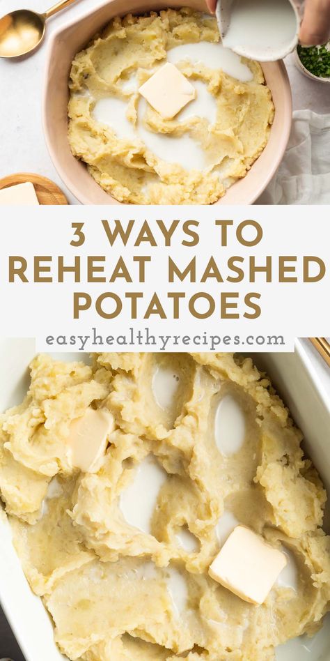 These are the best and easiest ways to reheat mashed potatoes! Whether you're prepping your potatoes ahead of time, or simply looking to enjoy leftovers, give these methods a try for perfectly smooth and hot mashed potatoes. Best Way To Reheat Mashed Potatoes, How To Reuse Mashed Potatoes, How To Reheat Mashed Potatoes, Reheating Mashed Potatoes In Crock Pot, Reheat Mashed Potatoes In Oven, Reheat Mashed Potatoes In Crockpot, Making Mashed Potatoes Ahead Of Time, Reheating Mashed Potatoes, Premade Mashed Potatoes