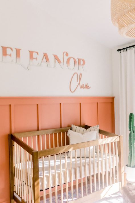 Coral Nursery Ideas Girl, Coral Accent Wall, Coral Nursery Decor, Coral Baby Girl Nursery, Peach Rooms, Boho Baby Girl Nursery, Coral Nursery, Nursery Space, Nursery Accent Wall