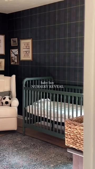 Namesake on Instagram: "Get lost in @Sara Ayesh’s nursery, with just the right amount of retro touches for a warm, vintage-inspired feel. 🌟 

It features the Liberty Crib in Forest Green and the Harbour Recliner, completing the perfect cuddly corner. 🤍" Moody Boys Nursery, Boys Nursery, Baby Boy Nursery, Baby Boy Nurseries, Boy Nursery, Feel It, Cribs, Forest Green, Recliner