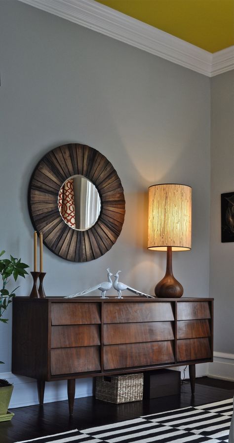 Mirror And Lamp, Mid Century Bedroom, Mid Century Modern Bedroom, Mid Century Sideboard, Leather Chairs, Mirror On The Wall, Modern Bedroom Furniture, Mid Century Modern Decor, Mid Century Decor