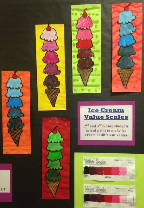 Tints And Shades Art Lesson Elementary, Ice Cream Art Project, Grade 2 Art Lessons, Grade 5 Art Ideas, Grade 3 Art Ideas, Value Art Projects Elementary, Value Art Project, Grade 2 Art Ideas, Grade 1 Art Ideas