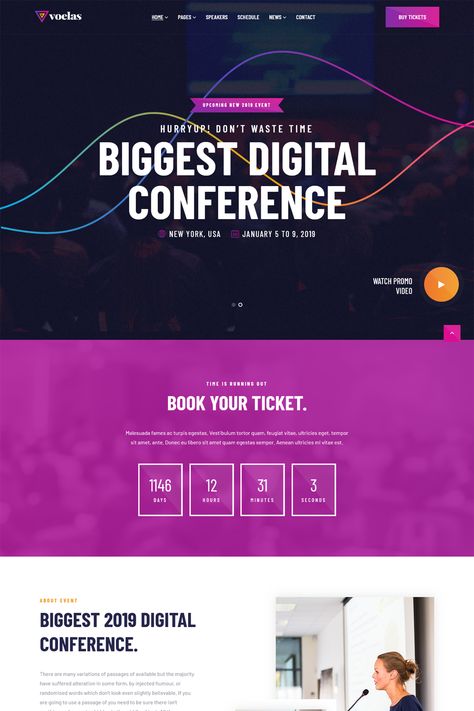 Voelas is a responsive WordPress theme for events, conferences but also can be used for any events-based sites. Conference Website Design Inspiration, Website Events Page Design, Event Landing Page Design, Event Entrance Arch, Events Website, Events Theme, Event Agenda, Entrance Arch, Event Entrance