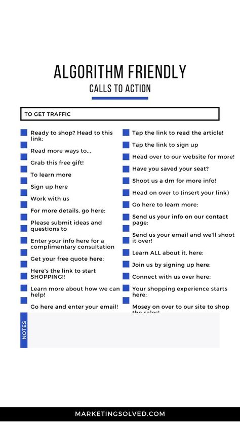 If you want to get more likes, clicks, shares, and promotions from your social media - you HAVE to use Calls to Action. These CTA's are proven to be effective and the best part, they're algorithm friendly so the networks won't restrict your content. Save this pin or head to the link to download the entire guide! 

Calls to action // Call to action ideas // marketing ideas // #calltoaction #callstoaction // free guide // marketing solved // marketing tips // #marketingideas #contentmarketing Call To Action Ideas, Travel Advertising Design, Calls To Action, Marketing Solved, Social Media Content Planner, Instagram Marketing Strategy, Business Marketing Plan, Social Media Marketing Content, Social Media Promotion