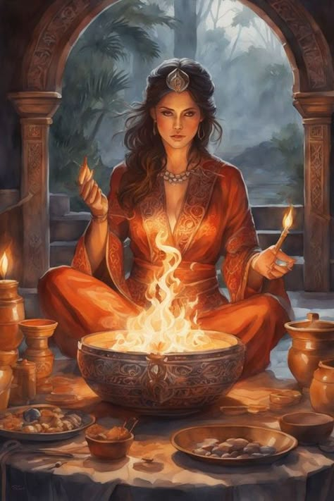 Priestess Art, Kylie Pregnant, Goddess Of The Hearth, Magick Art, Fire Goddess, Angel Tarot Cards, Pagan Art, Celtic Mythology, Fantasy Magic