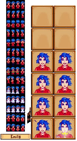 Stardew Valley Character Sheet, Stardew Valley Emily Fanart, Stardew Emily, Emily Stardew Valley Fanart, Emily Stardew Valley, Stardew Valley Sprites, Stardew Valley Outfit Ideas, Stardew Valley Cross Stitch, Valley Drawing