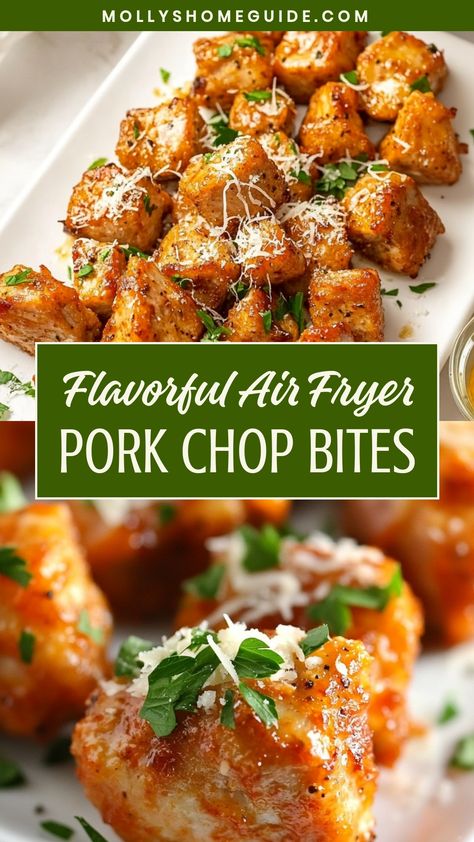 Indulge in a flavorful and crunchy delight with these irresistible air fryer pork chop bites. Perfectly seasoned and cooked to perfection, these bite-sized snacks are sure to be a hit at your next gathering or even for a savory weeknight dinner. With the air fryer's magic touch, you'll enjoy all the taste without the guilt of deep frying. Easy to make and ready in no time, these pork chop bites will satisfy your cravings effortlessly. Dinner Recipes For Two Air Fryer, Cubed Pork Chop Recipes Air Fryer, Keto Dinner Recipes Easy Air Fryer, Meat In Air Fryer Ideas, Pork Chop Meals Healthy, Healthy Fried Pork Chops, Ninja Foodi Grill Pork Chops, Air Fryer Pork Chunks, Air Fryer Pork Fillet Recipes