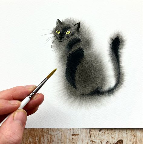 Learn to paint a perfect watercolour black cat with the wet on wet technique. Perfect for Halloween! Spooky Watercolor Paintings Easy, How To Paint A Black Cat In Watercolor, Watercolor Cat Painting Tutorial, Halloween Watercolour Painting, Watercolor Cat Portraits, Watercolor Halloween Painting, Halloween Watercolor Tutorial, Halloween Watercolor Ideas, Watercolor Cat Tutorial