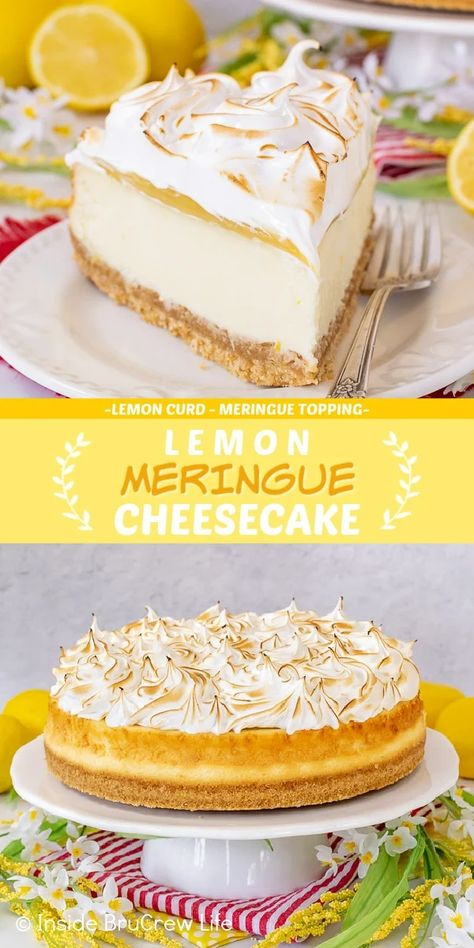 Copycat Cheesecake Factory Lemon Meringue Cheesecake, Lemon Meringue Pie Cheesecake, Lemon Marange Pie Cheesecake, Meringue Flavors, Summer Cheesecake, Meringue Cheesecake, Toasted Meringue, Cheese Desserts, Meringue Topping