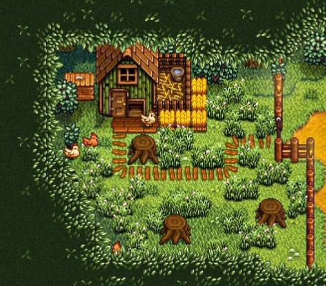 Stardew Valley Duck Pond, Stardew Valley Foraging Farm Layout, Stardew Chicken Coop, Stardew Valley Horse Stable, Stardew Flower Garden, Stardew Valley Chicken Coop, Stardew Valley Forest Farm Layout, Stardew Decor, Stardew Valley Decoration Ideas