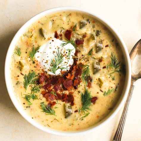 Ultimate Bacon and Dill Pickle Soup • Heartbeet Kitchen Dill Pickle Soup, Winter Appetizers, Pickle Soup, Au Gratin Potato Recipes, Au Gratin Recipes, Bacon Soup, Best Bacon, White Bowl, Cheesy Potatoes