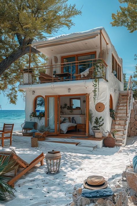 Facebook Island Tiny House, Tiny Home Beach House, Greek Tiny House, Tropical Tiny House, Bali Beach House, Tiny Eco House, Tiny Villa, Beach House Tropical, Wabi Sabi House