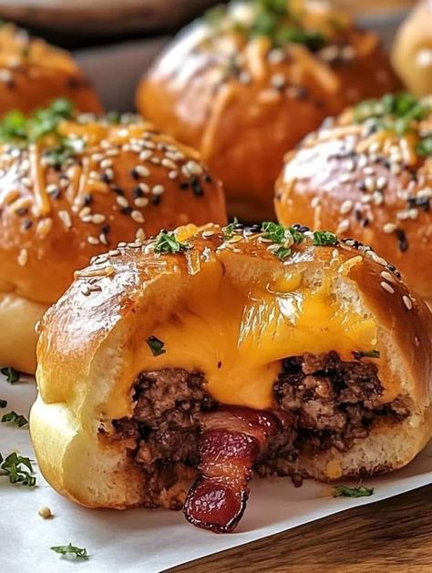 Great recipes yummy | 🧀 Garlic Parmesan Bacon Cheeseburger Bombs | Facebook Garlic Parmesan Bacon Cheeseburger Bombshell, Garlic Parmesan Cheeseburger Bombshell, Garlic Butter Bacon Cheeseburger Rollups, Cream Cheese Biscuits, Dinner Board, Hand Pies Savory, Best Sandwich Recipes, Recipes Yummy, Bacon Cheeseburger