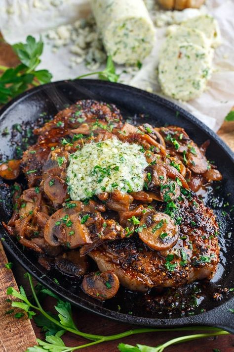 Pan Seared Steaks with Sauteed Mushrooms and Roasted Garlic Gorgonzola Butter