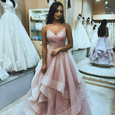 Rose Silhouette, Tulle Long Prom Dress, Ruffle Prom Dress, School Dance Dresses, Prom Dresses Long Pink, Pink Evening Dress, V Neck Prom Dresses, Pink Prom Dress, Pink Formal Dresses