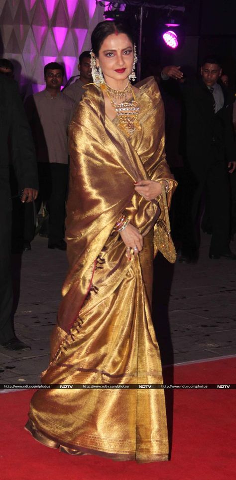 Rekha Rekha Saree Collection, Rekha In Kanjeevaram Sarees, Rekha Saree, Rekha Ji, Shatrughan Sinha, Gold Saree, Gala Night, Bridal Sari, Designer Sarees Wedding