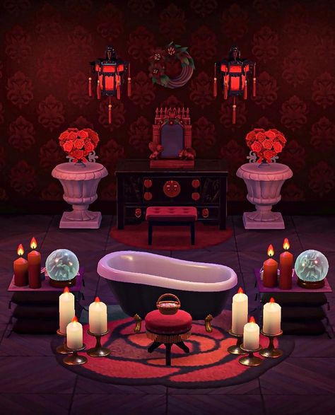 Acnh Spooky House Ideas, Acnh Spooky Room Ideas, Acnh Halloween Interior, Gothic Acnh House, Acnh Island Inspirations Goth, Acnh Spooky House, Goth Animal Crossing Villagers, Acnh Halloween House, Acnh Goth Island Ideas