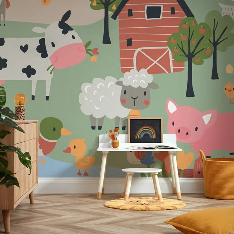 Bring a fantastic farmyard to your little one's bedroom or playroom with this animal farm wall mural, filled with friendly farm animals and endless adventures. The sun beams down on the farm where chickens, ducks, sheep, and cows graze together around the pond like one big happy family. The farm animals are loving life, basking in the sun and happily grazing on the green grass. In the distance, a trusty red tractor trundles over the rolling hills. Your child's imagination will run wild as they d Farm Mural, Boys Room Mural, Playroom Mural, Farm Bedroom, Big Happy Family, Farm Room, Kids Bedroom Organization, Small Baby Room, Sun Beams