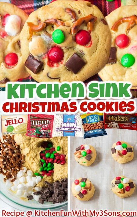 Kitchen Crafty Fun Santa Kitchen Sink Cookies, Christmas Monster Cookies With Pretzels, Pretzel M&m Cookies, Kitchen Sink Cookies Christmas, Christmas Cookies With Pretzels, Christmas Cookies With Marshmallows, Christmas Sink Cookies, Monster Christmas Cookies, Christmas Cookies With M&ms