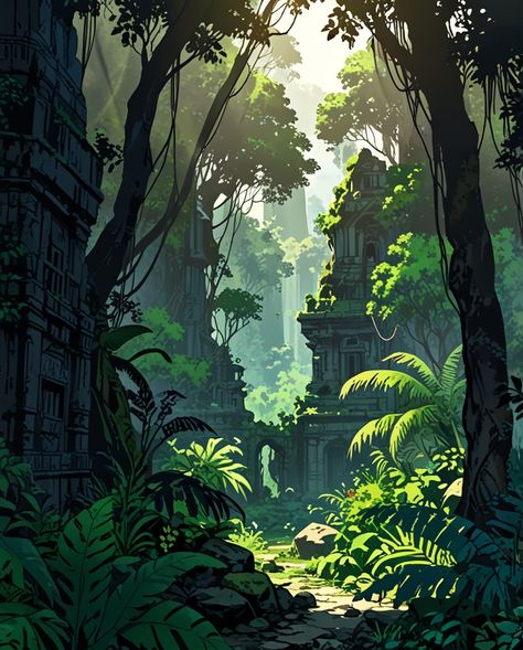 "Forgotten City in a Jungle" #aiart #animeillustration #illustrationart #illustration #illustrator #art #design #drawing #painting #artwork #generativeartworks Jungle Design Illustration, Realistic Drawings Ideas, Jungle Artwork, Jungle Drawing, Jungle Cartoon, Earthy Art, Jungle Landscape, Jungle Temple, Catalog Design Layout