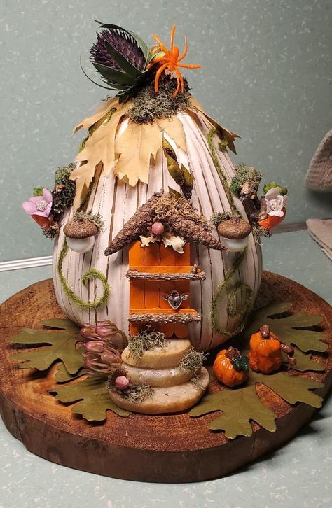 Fairy Garden World | Just finished my first fall pumpkin fairy house 🎃🧙‍♀️ | Facebook Pumpkin House Painting, Fairy House Pumpkin, Fairy Garden Pumpkin, Fairy Pumpkin, Pumpkin Cottage, Pumpkin Fairy House, Pumpkin Fairy, Garden World, Christmas Pumpkins