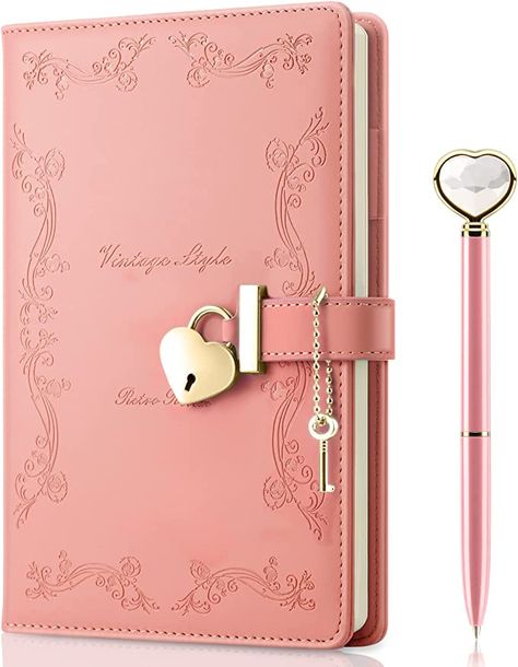 Mousbull Lock Diary with Key and Pen for Girls, 192 Pages Vintage Leather Heart Shaped Journal Notebook with Lock and Diamond Pen, A5 Cute Locked Secret Diaries for Women (Pink) Notebook With Lock, Digital Note Taking Pen, Lock Diary, Diary For Girls, Journal With Lock, Diary With Lock, Cute Diary, Notes Journal, Secret Diary