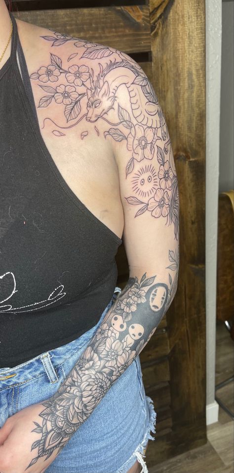 Sketchbook Sleeve Tattoo, Studio Ghibli Sleeve Tattoo Ideas, Studio Ghibli Leg Sleeve, Studio Ghibli Half Sleeve Tattoo, Studio Ghibli Tattoo Sleeve Leg, Ghibli Hand Tattoo, Studio Ghibli Tattoo Sleeve Arm, Studio Gibley Tattoos, Studio Ghibli Flower Tattoo