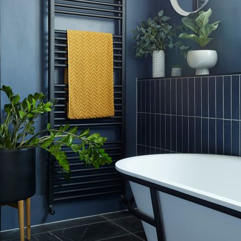 Bathroom With Yellow Accents, Yorkshire House, Bathroom Navy, Dark Blue Bathroom, Dark Blue Tile, Dark Blue Bathrooms, Navy Blue Bathrooms, Navy Bathroom, Blue Bathroom Tile