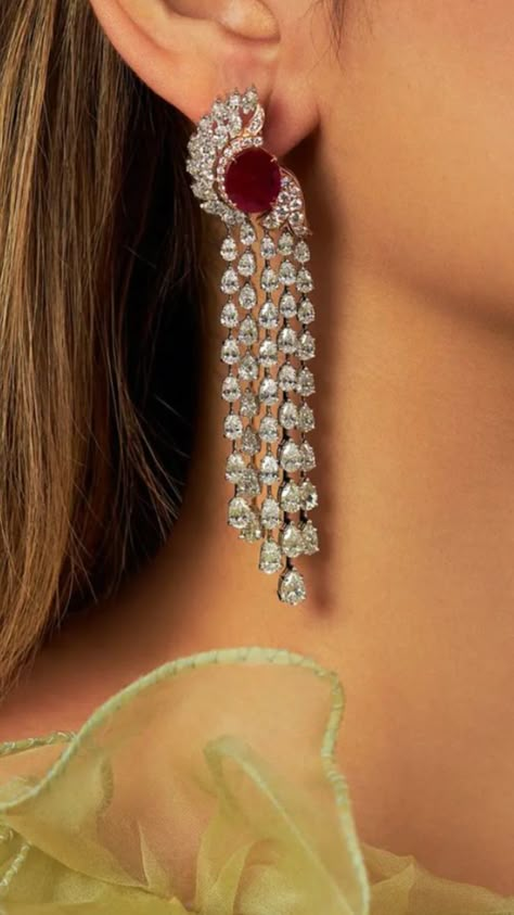 Diamond Long Earrings Indian, Bridal Diamond Necklace Design, Western Earring, Manubhai Jewellers, Color Stone Earrings, Diamond Earrings Indian, Ruby Earring, Bridal Diamond Necklace, Bridal Jewelry Sets Brides