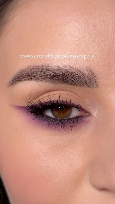 brown eyes with purple makeup ✨ | rate this look 0-10 🙏🏻 ______________ @mexmocosmetics Magic Forest palette @flowerknows_global Glitter | Instagram Purple Make Up For Brown Eyes, Brown Eyes Purple Makeup, Purple Eye Makeup For Brown Eyes, Purple Makeup Brown Eyes, Purple Eyeshadow Brown Eyes, Purple Eyeshadow For Brown Eyes, Purple Goth Makeup, Metallic Eye Makeup, Plum Eyeshadow