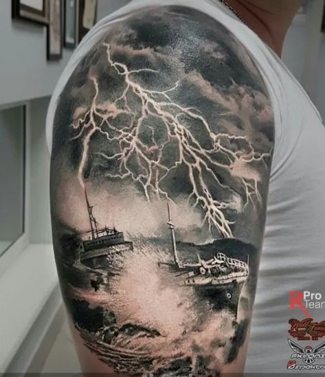 Storm Tattoo Sleeve, Mens Storm Tattoo, Ship Storm Tattoo, Lighting Tattoo Storm, Boat In Storm Tattoo, Thunderstorm Tattoo, Ship On Stormy Sea Tattoo, Storm Tattoo, Geometric Line Tattoo