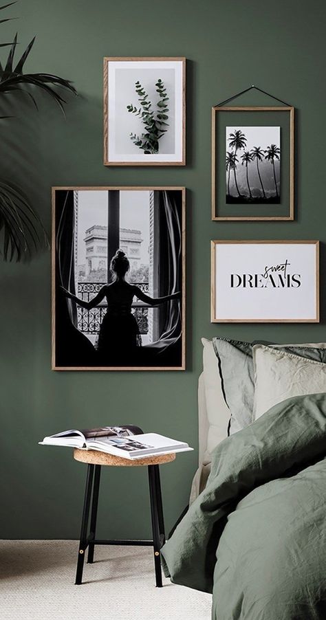 I could get on board with a green wall and/or a black and white gallery wall! Green Bedroom Walls, Sage Green Bedroom, Dekorasi Kamar Tidur, Green Walls, Hus Inspiration, Green Rooms, Bedroom Green, Bedroom Paint, Home Trends