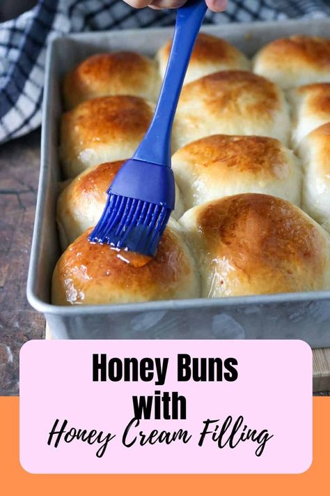 These Honey Buns with honey cream filling are ultra soft and fluffy. The honey cream filling in the centers is buttery and just perfectly sweet! #honeybuns #sweetbread Honey And Sage Milk Buns, Everyday Bread Recipe, Pilipino Food Recipe, Bread Yeast, Best Biscuit Recipe, Breakfast Cakes, Milk Bun, Honey Cream, Baking Fun