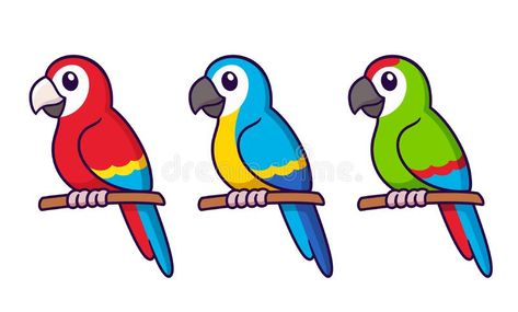 Cute cartoon macaw parrots drawing set. Cute cartoon macaw parrots drawing. Red, blue and green tropical birds. Simple vector clip art illustration set royalty free illustration Green Parrot Drawing, Parrot Drawing Simple, Macaw Parrot Drawing, Parrots Drawing, Macaw Drawing, Parrot Cake, Bird Drawing For Kids, Cartoon Parrot, Parrot Illustration