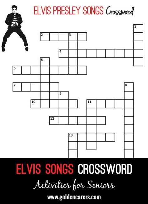 # Elvis Presley's Birthday - January 8 # Elvis Presley Songs Crossword: Here's a fun Elvis Presley crossword - complete these song titles! January Activities For Seniors, Elvis Party Ideas, Holiday Spirit Week, Music Word Search, Elvis Birthday Party, Elvis Presley's Birthday, Activity Ideas For Seniors, Wizard Of Oz Christmas, Surprise Birthday Trip