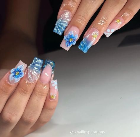 Blue 3d Flower Nails, Dark Blue Flowers, 3d Flower Nails, Unique Acrylic Nails, Short Acrylic Nails, Best Acrylic Nails, Flower Nails, Cute Acrylic Nails, Nails Ideas