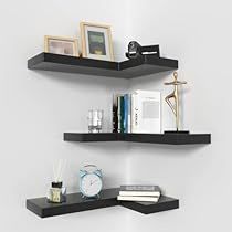 Corner Floating Shelves, Floating Shelves Bedroom, Black Floating Shelves, Floating Corner Shelves, Corner Wall Shelves, Corner Display, Modern Wall Shelf, Shelves Wall, Smart Home Design