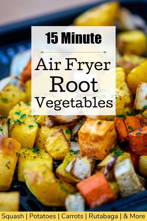 Looking for a fun, healthy and delicious vegetarian dish tonight? These Air Fryer Root Vegetables are made in 15 minutes and the flavors are out of this world! Potatoes, Turnips, Parsnips, Rutabaga, and Carrots are the main ingredients and and easily meal prepped the day before! via @savorandsavvy Easy Veggie Side Dish, Root Vegetables Recipes, Vegetable Side Dish, Root Veggies, Roasted Root Vegetables, Air Fryer Dinner Recipes, Vegetable Side, Air Fryer Recipes Easy, Air Fryer Recipes Healthy