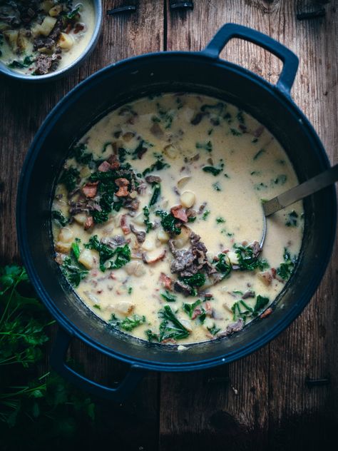 Hunter Soup (jaktsuppe) - North Wild Kitchen Elk Soup Recipes, Venison Soup, Thick Bacon, Wild Kitchen, Bacon Potatoes, Nordic Recipe, Chopped Kale, Small Potatoes, Potatoes Onions