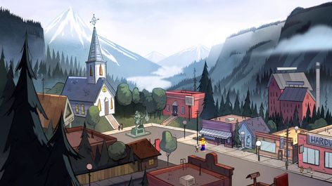 S1e10 Gravity Falls Main Square Gravity Falls Town, Pictures To Describe, Concept Art Sketches, Gravity Falls Oregon, Gravity Falls Wiki, Perfect Pictures, Bg Design, Gravity Falls Art, Scenery Background