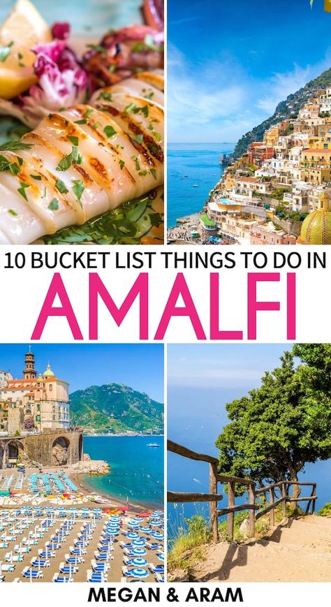 One of Italy's most desirable destinations is the gorgeous Amalfi Coast. This guide discusses the best things to do on the Amalfi Coast - food, views, and more! | Amalfi Italy | What to do in Amalfi | Things to do in Ravello | Things to do in Capri | Amalfi Coast things to do | Travel to Amalfi Coast | Visit Amalfi | Amalfi itinerary | Places to visit in Italy | Amalfi hiking | Amalfi viewpoints | Amalfi views | Amalfi restaurants | Amalfi cafes | Amalfi beaches Best Places To Visit In Italy Amalfi Coast, Amalfi Coast Bucket List, Planning A Trip To Italy, Amalfi Restaurants, Things To Do In Naples Italy, Amalfi Itinerary, Southern Italy Itinerary, Tuscany Italy Countryside, Europe Planning