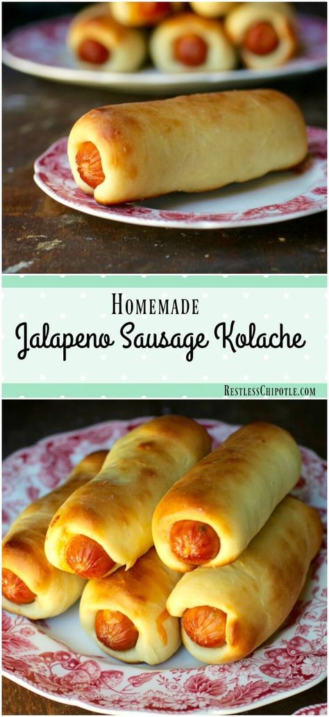 Jalapeno sausage kolaches are pillowy puffs of soft dough filled with gooey… Jalapeno Kolache Recipe, Sausage Kolache Recipe Easy, Easy Kolache Recipe, Hot Dog Sausage Recipes, Easy Kolache Dough Recipe, Kolache Recipe Sausage, Kolache Bread Recipe, Kolache Recipes, Sausage Kolache