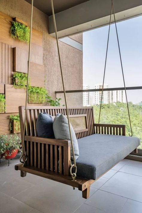 Swings For Home, Balcony Swing, Living Room Wall Designs, Flat Decor, Wooden Swing, Modern Small House Design, Swing Design, Urban Decor, Design For Home