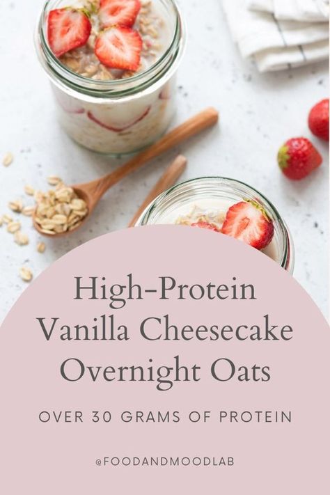 These protein and fiber packed Vanilla Cheesecake Overnight Oats can be a perfect grab-and-go snack, dessert, or healthy breakfast! They satisfy your sweet tooth while also giving a healthy boost of energy. Try these out! High Protein Bariatric Recipes, Cheesecake Overnight Oats, Overnight Oats Recipe Easy, Healthy High Protein Breakfast, Best Overnight Oats Recipe, Protein Overnight Oats, Overnight Oatmeal Recipes, Protein Cheesecake, Oat Recipes Healthy