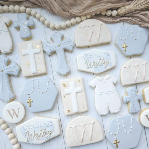 I will say it again, but I truly love baptism sets. There are just so many ways to design them and I love their elegance, especially when the colors are soft looking like these were. And I appreciate my lovely customer who let me do my own thing when designing these for her little guy 🩵 Inspired by @lalunebakery Christening Cookies Boy, Baptism Cookies Decorated, 1st Communion Cookies Boy, Baptism Cookies Boy, Boy Baptism Cookies, Baptism Sugar Cookies, Baptism Sugar Cookies Boy, Baptism Decorations Boy, Christening Cookies