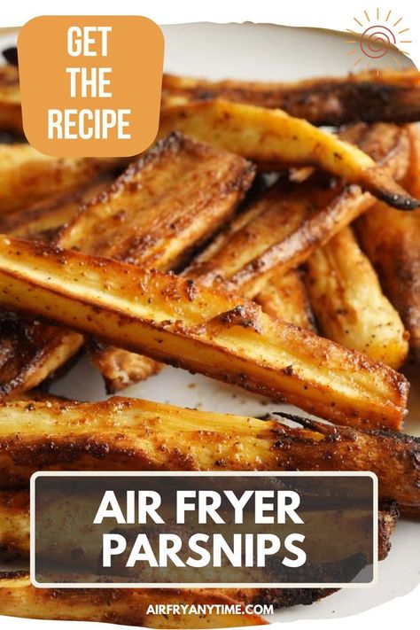 A plate of crispy parsnips Air Fryer Parsnip Fries, Parsnip Chips Air Fryer, Parsnips In Air Fryer, Parsnip Fries Air Fryer, Parsnip Recipes Air Fryer, Air Fryer Parsnips, Airfryer Veggies, Air Fryer Fries, Parsnip Chips