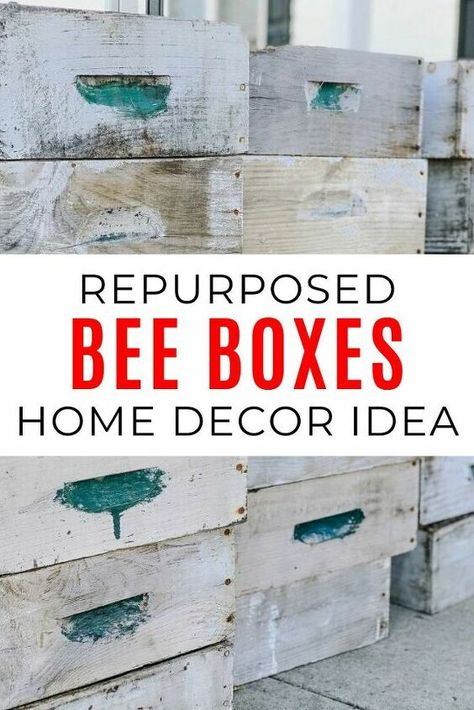 Repurposed Bee Boxes, Bee Boxes Repurpose, Bee Hives Diy Craft, Honey Bee Box, Bee Hives Boxes, Crate Bench, Basket Makeover, Small Craft Rooms, Spring Market