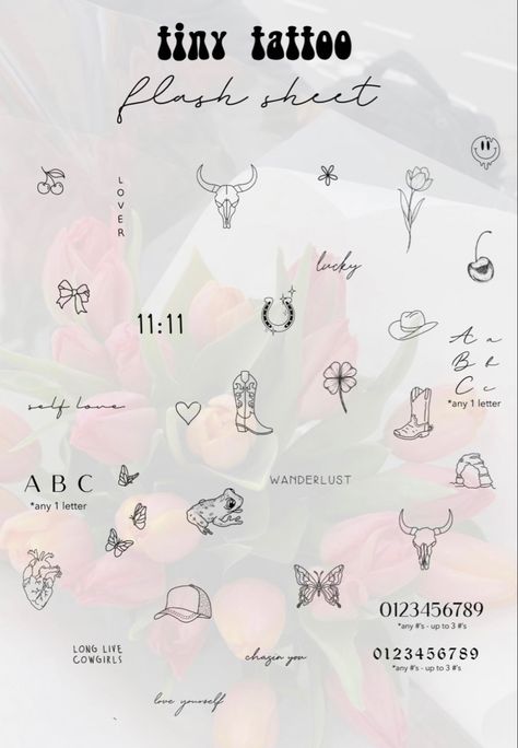 Fine Line Tattoo Ideas Self Love, Wedding Flash Tattoo Ideas, Wedding Tattoo Flash Sheet, Scattered Tattoos Sleeve Women Dainty, Wedding Flash Tattoo, Bachelorette Tattoo Ideas, Tiny Tattoo Flash Sheet, Flash Sale Tattoos, Bridesmaid Tattoos