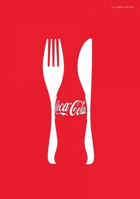 This coke ad shows a perfect example of gestalt defining qualities. The fork and knife are used to create an outline of what looks like a coke bottle. The red background in contrast to the white as well creates the coke logo, fork, and knife as well Poster Grafico, Negative Space Art, Negative Space Design, Café Design, Clever Advertising, Coca Cola Ad, 광고 디자인, Publicidad Creativa, Guerilla Marketing